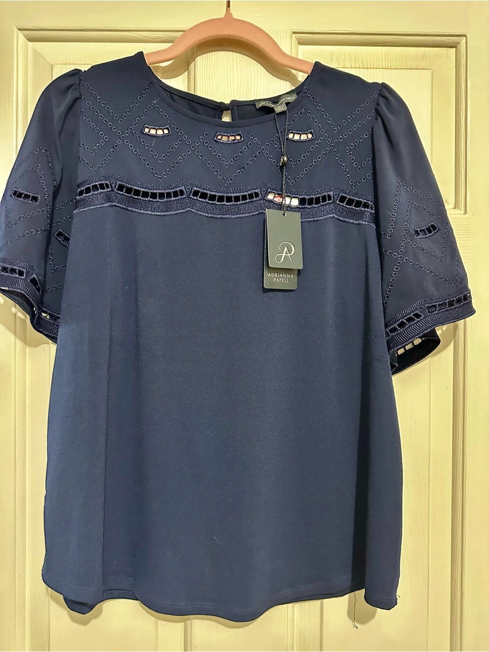 Adrianna Papell Navy Cutout Embroidered Short-Sleeve Blouse